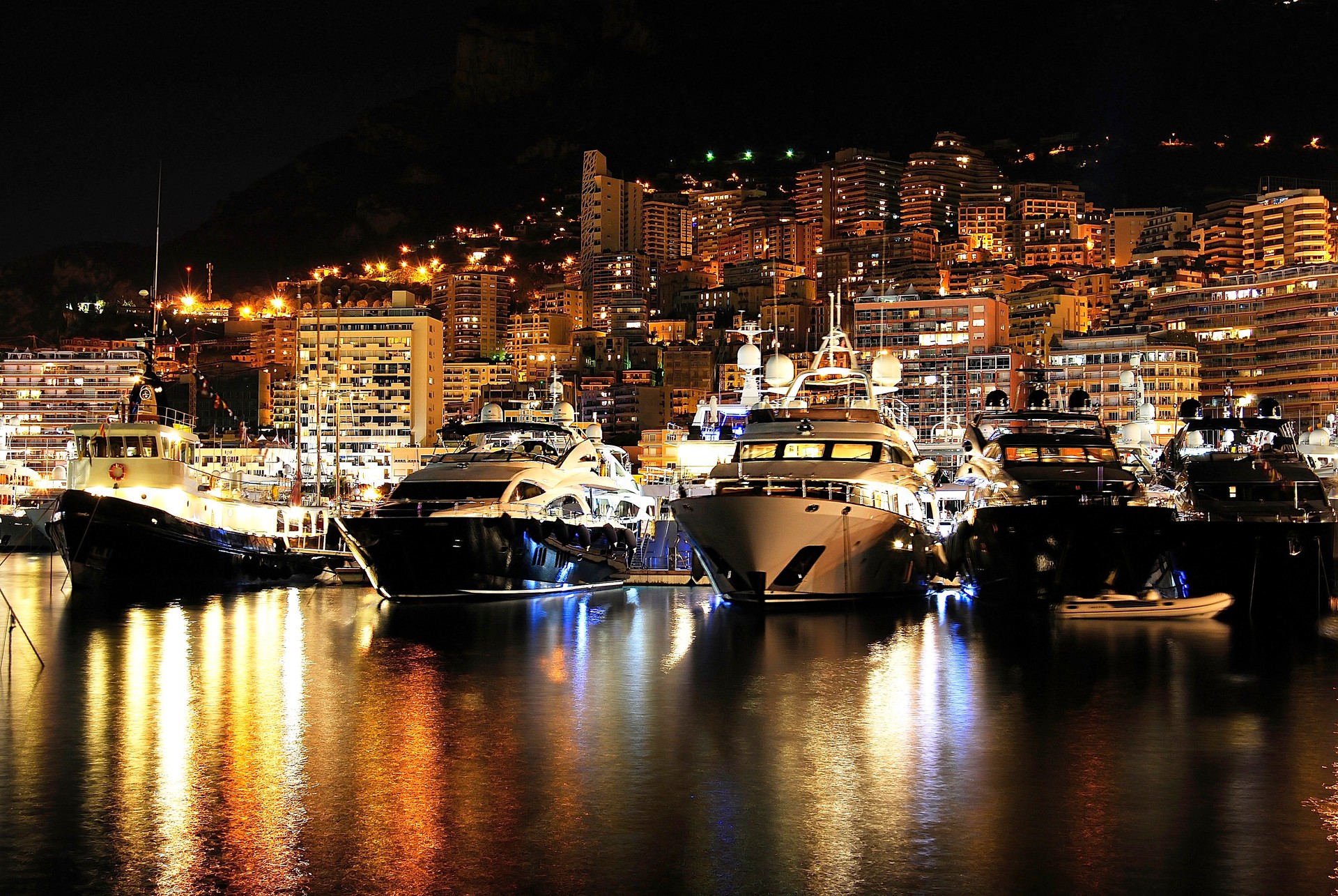 Magnificent landscape of Monaco at night from the sea